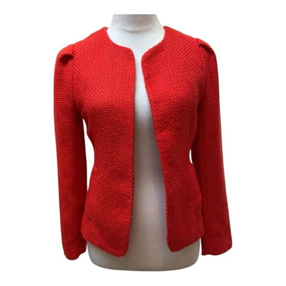 Pim + Larkin Orange‎ Red Texture Tweed Open Front Collarless Jacket Blazer S
